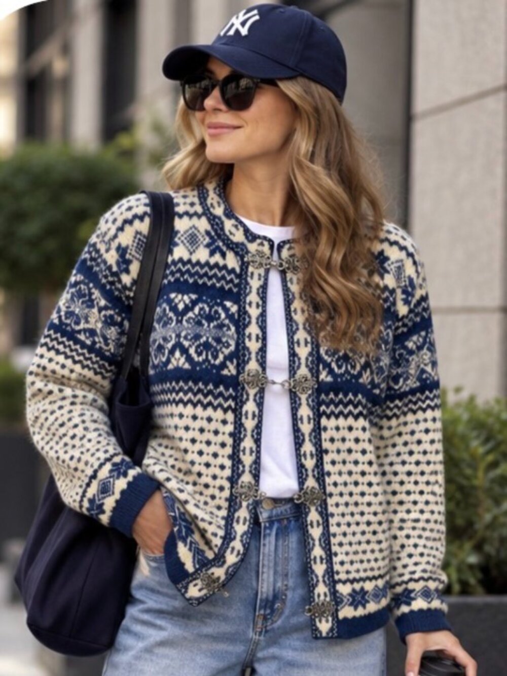 Vintage 100% Wool Nordic Fair Isle Cardigan Women’s L Navy Cream Clasp